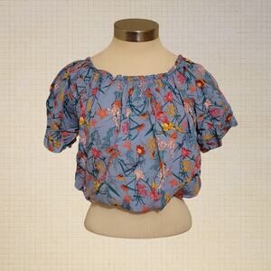 Boho 2000s J&W Cropped Floral Silk Blend Puff Sleeve Top M Blue Stretchy